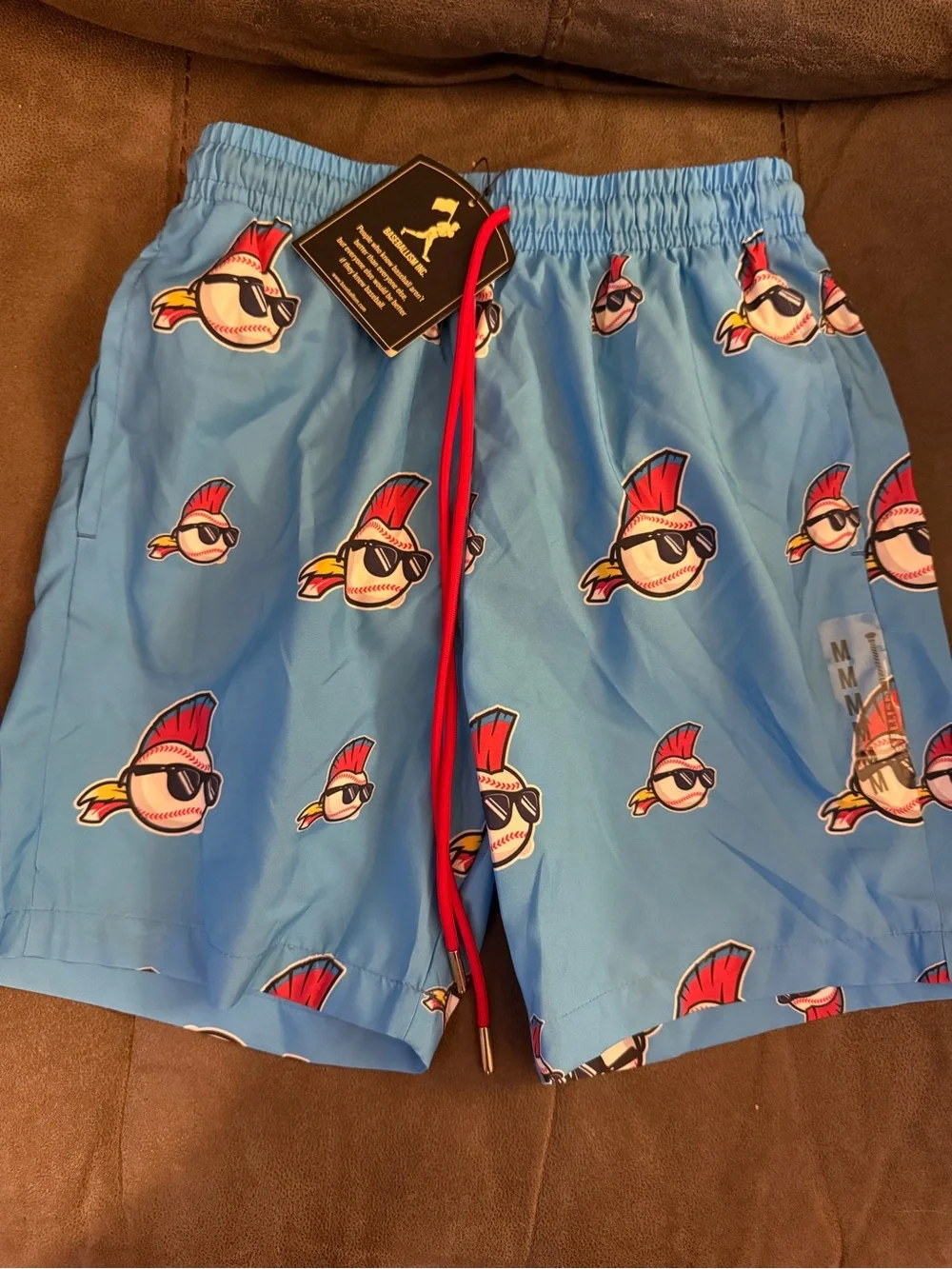Kids Light Blue Graphic Swim Trunks with Red Drawstring